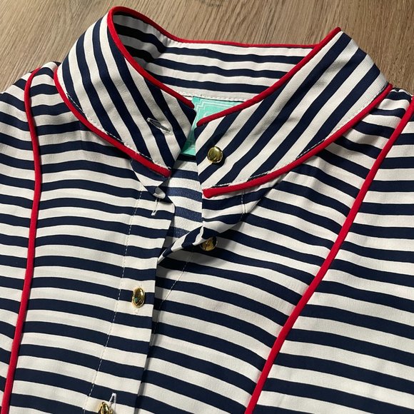Sail to Sable STS striped silk top S small navy blue gold button long sleeve - Picture 5 of 10